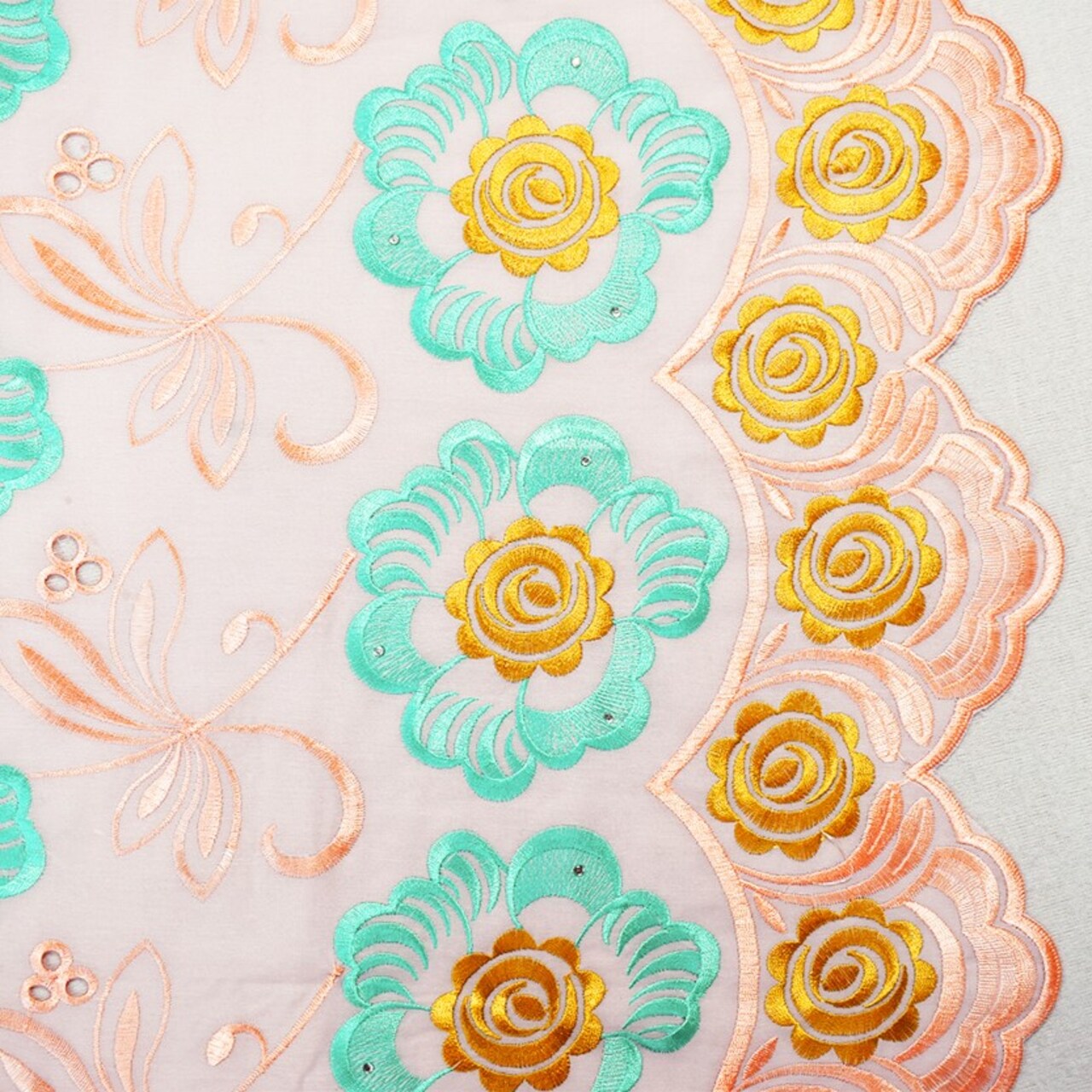 Coral Orange-Teal-Multi Poly-Cotton Floral Embroidered Scallop Eyelet Woven Fabric By the Yard